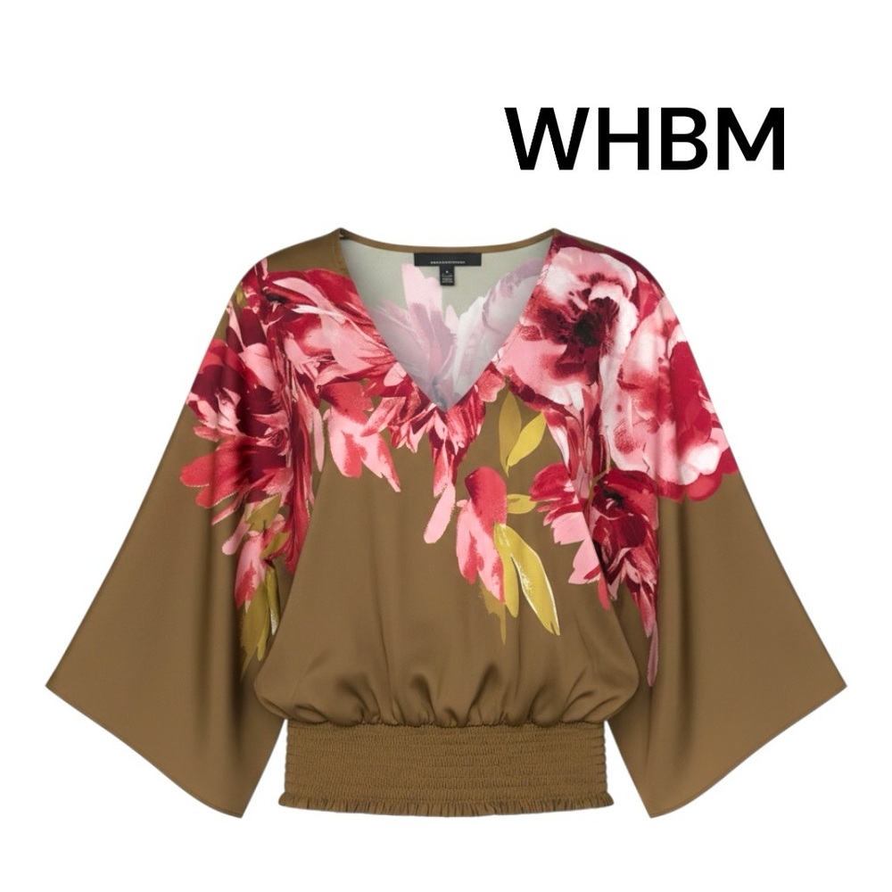 White House Black Market Floral Kimono Sleeve Blouse - XS Olive and Pink